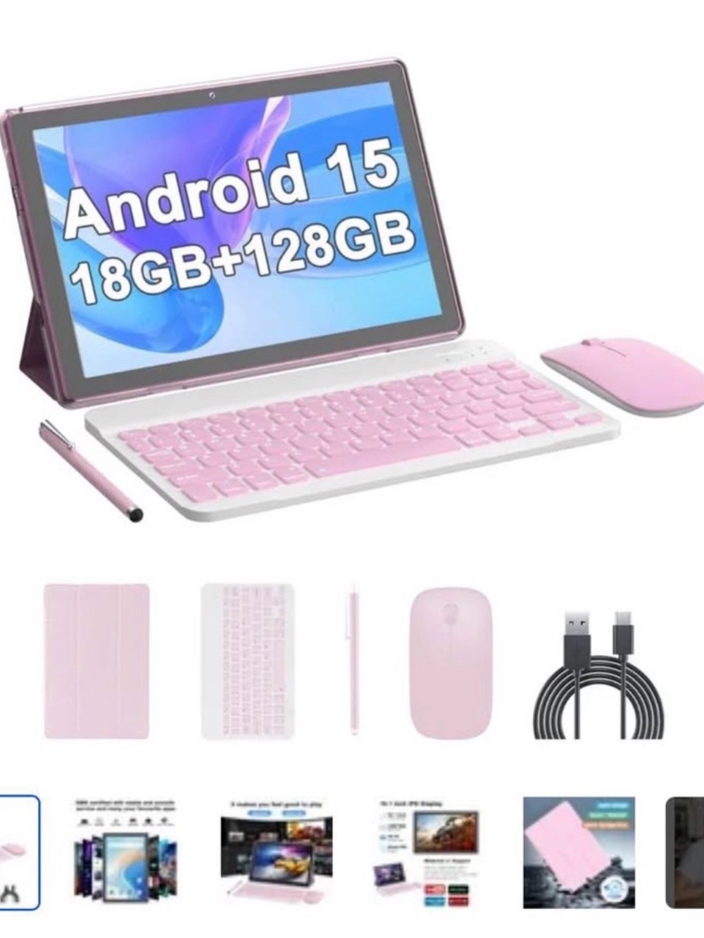 Pink Android 15 Tablet Bundle with Keyboard, Mouse & Stylus (18GB/128GB)